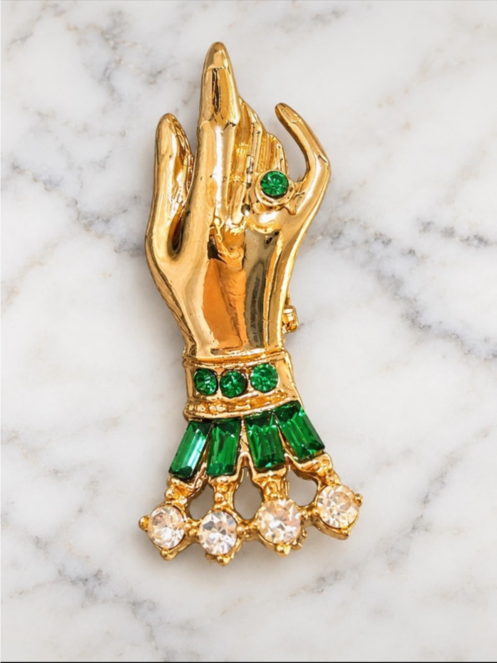 Vintage Unsigned Coro Gold Hand Brooch Emerald Green and Clear Stones